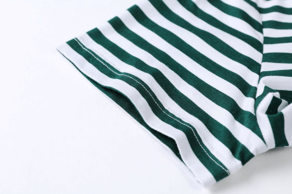 Close-up of stylish green and white striped V-neck short sleeves tee shirt for men, made of cotton blend, perfect for sports.